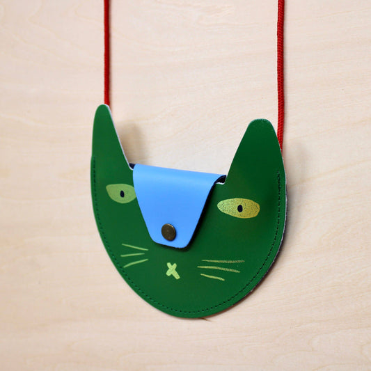 Cat Pocket Purse: Green/Cornflower